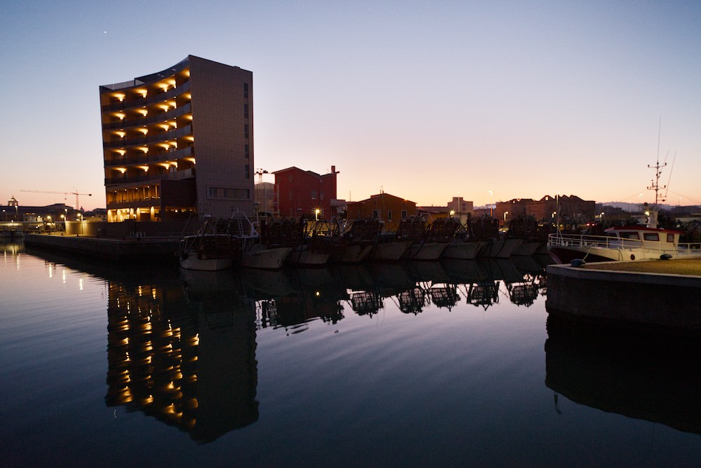 High-rise at the harbor at dusk